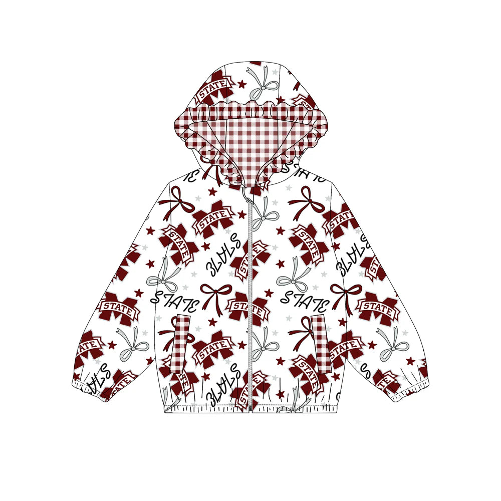 (Custom Design Preorder MOQ 5) Team's Mississippi State Bows Print Pockets Girls Long Sleeve Zipper Jackets Top
