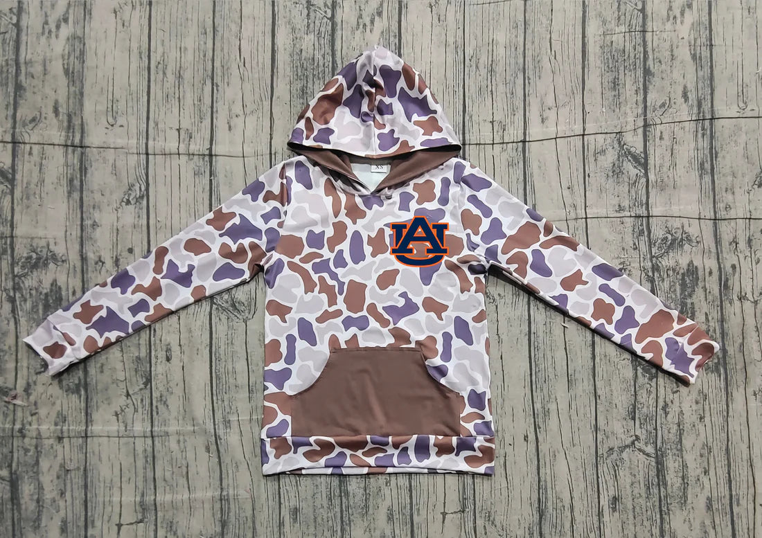 (Custom Design Preorder MOQ 5 Each Item) Team's Auburn Purple Brown Camo Print Kids Fall Zipper Hoodie Top Mom and Me Matching Clothes