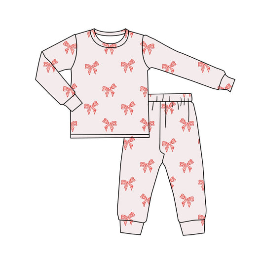 (Custom Design Preorder MOQ 20)  Heart Bows Blue Print Girls Valentine's Day Pajamas Bamboo Clothes Set