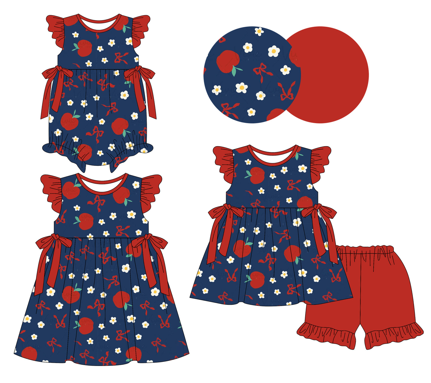 12.24 (Custom Design Preorder MOQ 5 Each Design) Apple Flowers Bows Print Girls Back to School Matching Clothes Sisters Wear