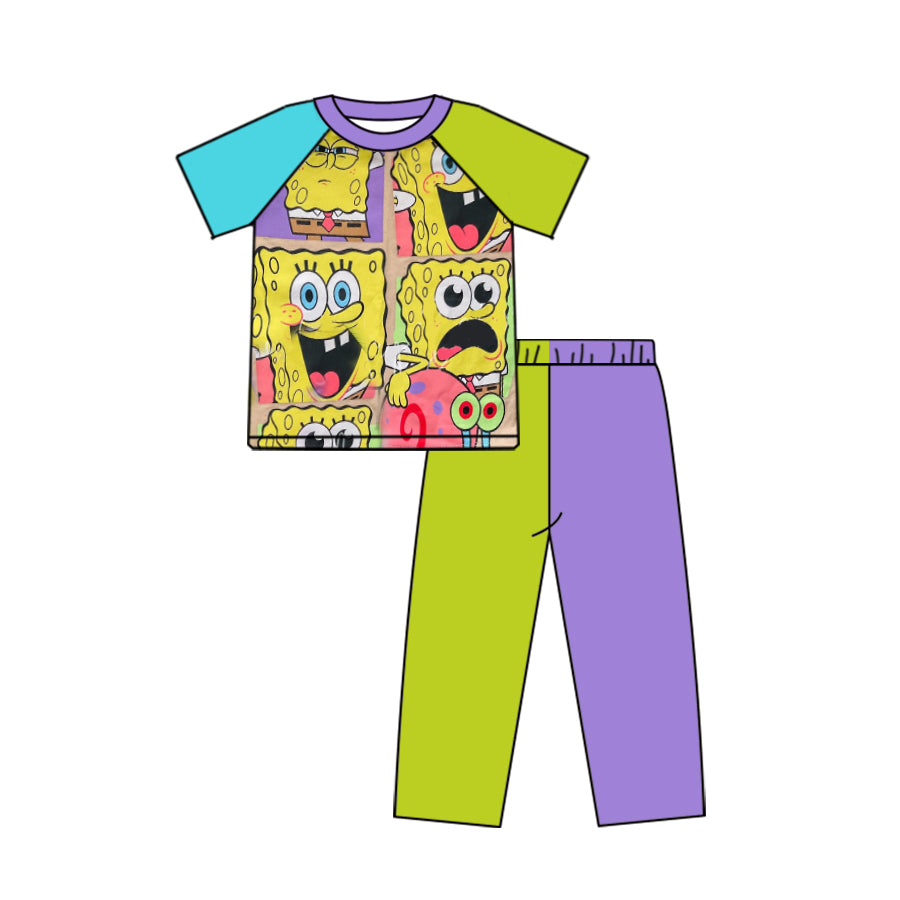 (Custom Design Preorder MOQ 5) Cartoon Sponge Top Green Purple Pants Kids Clothes Set