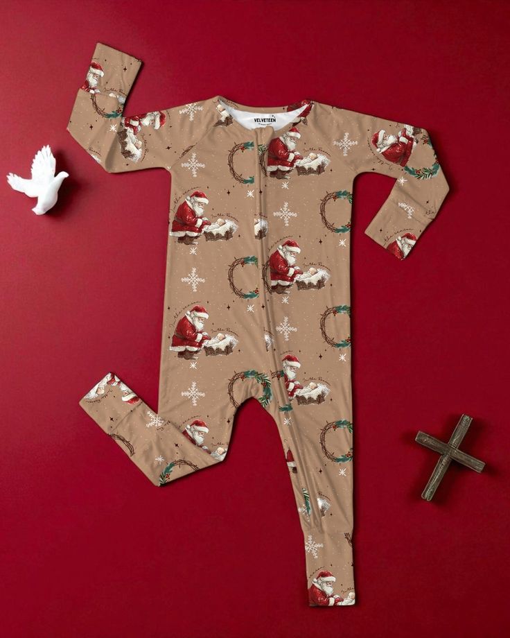 (Custom Design Preorder MOQ 5) Santa Nativity Print Baby Christmas Sleeper Zipper Romper