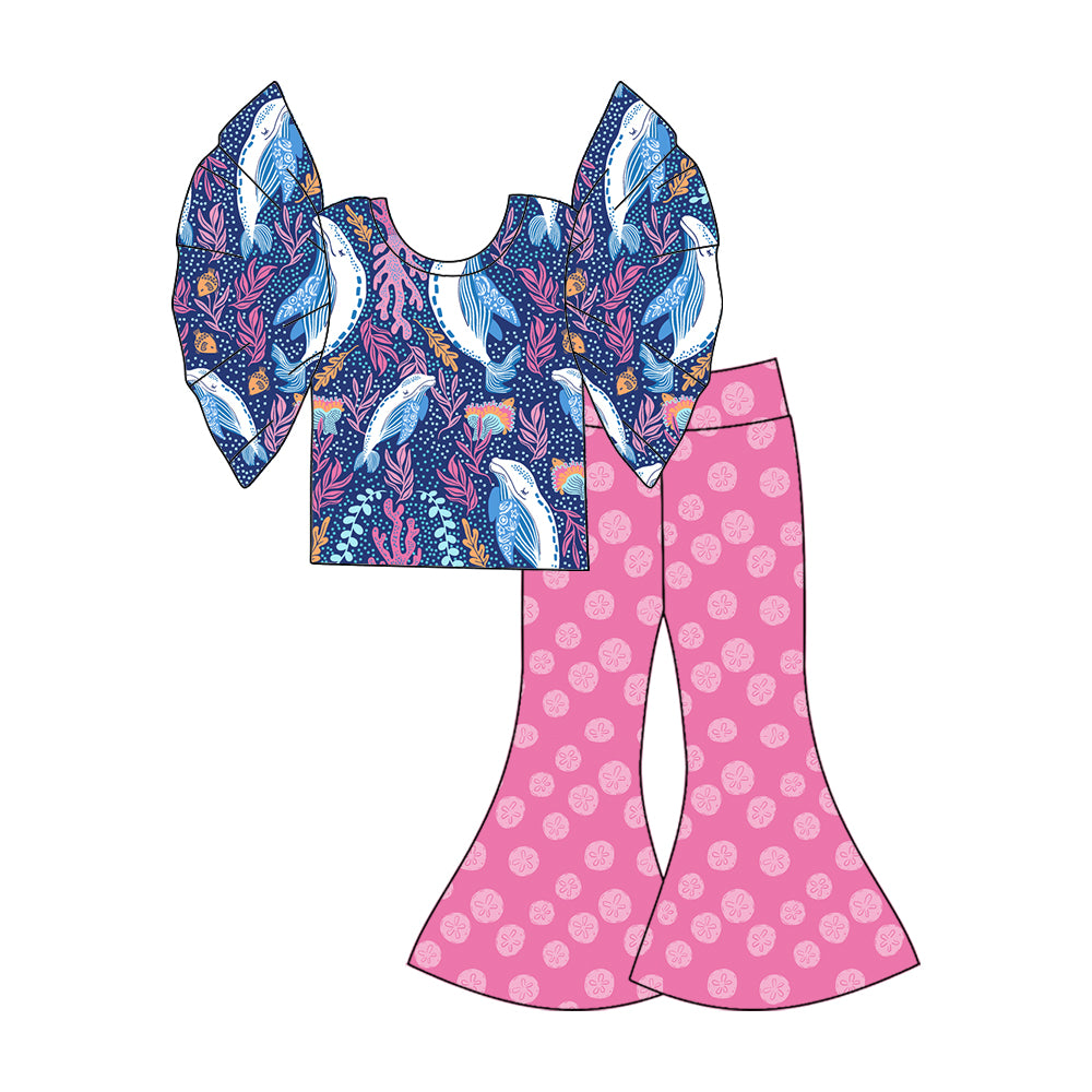 (Custom Design Preorder MOQ 5) Whale Seaweed Top Pink Bell Pants Girls Clothes Set