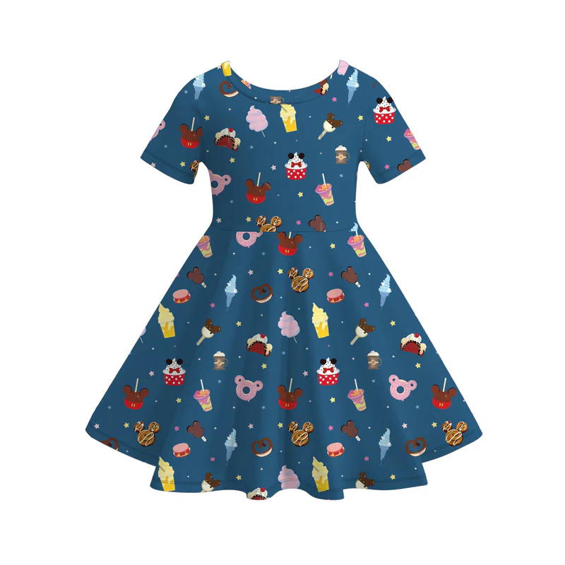 (Custom Design Preorder MOQ 5) Cartoon Mouse Cookies Print Girls Knee Length Summer Dress