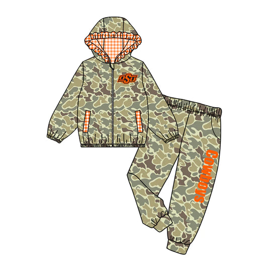 (Custom Design Preorder MOQ 5) Team's COWBOYS Camo Print Hoodie Zipper Top Pockets Pants Girls Fall Clothes Set