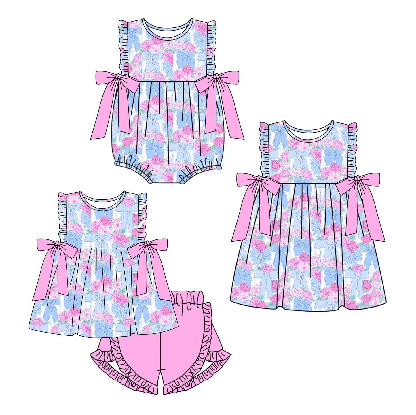 11.16(Custom Design Preorder MOQ 5 Each Design) Flowers Bows Print Girls Summer Matching Clothes Sisters Wear