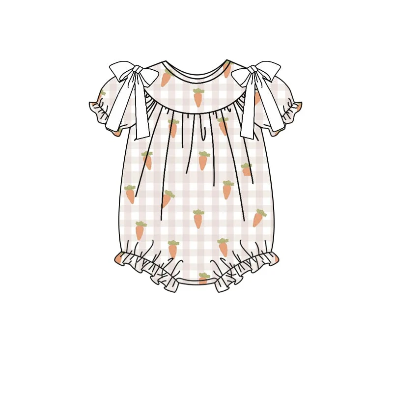 (Custom Design Preorder MOQ 5) Carrot Plaid Print Baby Girls Easter Romper