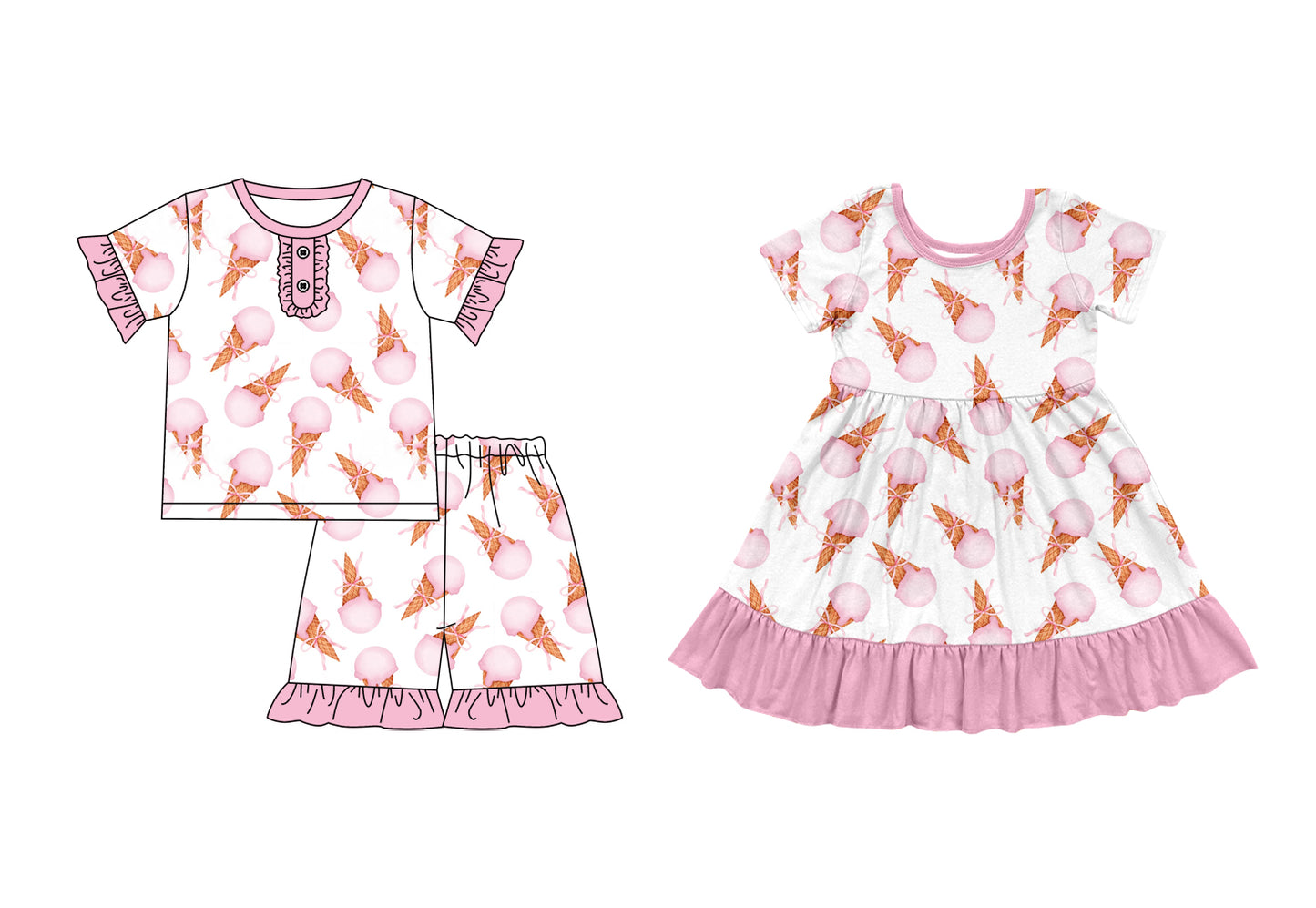 3.31(Custom Design Preorder MOQ 5 Each Design) Ice Cream Pink Print Girls Summer Matching Clothes Sisters Wear