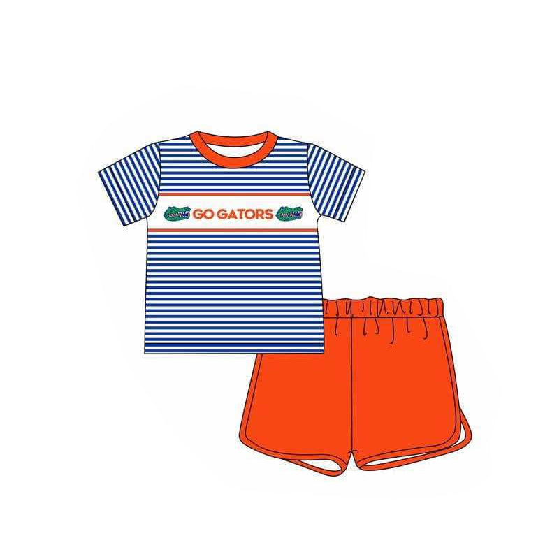 (Custom Design Preorder MOQ 5) Team's GO GATORS Stripes Top Orange Shorts Boys Summer Clothes Set