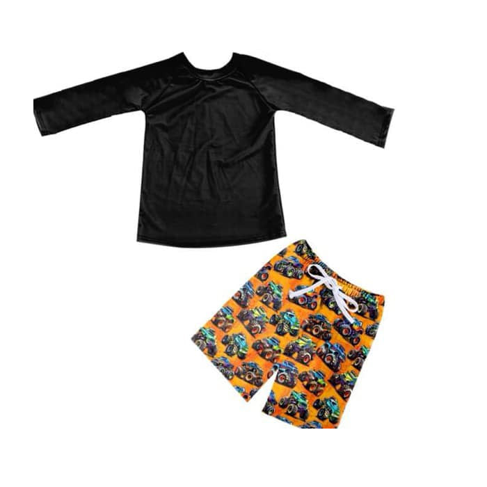 (Custom Design Preorder MOQ 5) Black Top Monster Truck Shorts Boys 2 Pieces Swimsuits