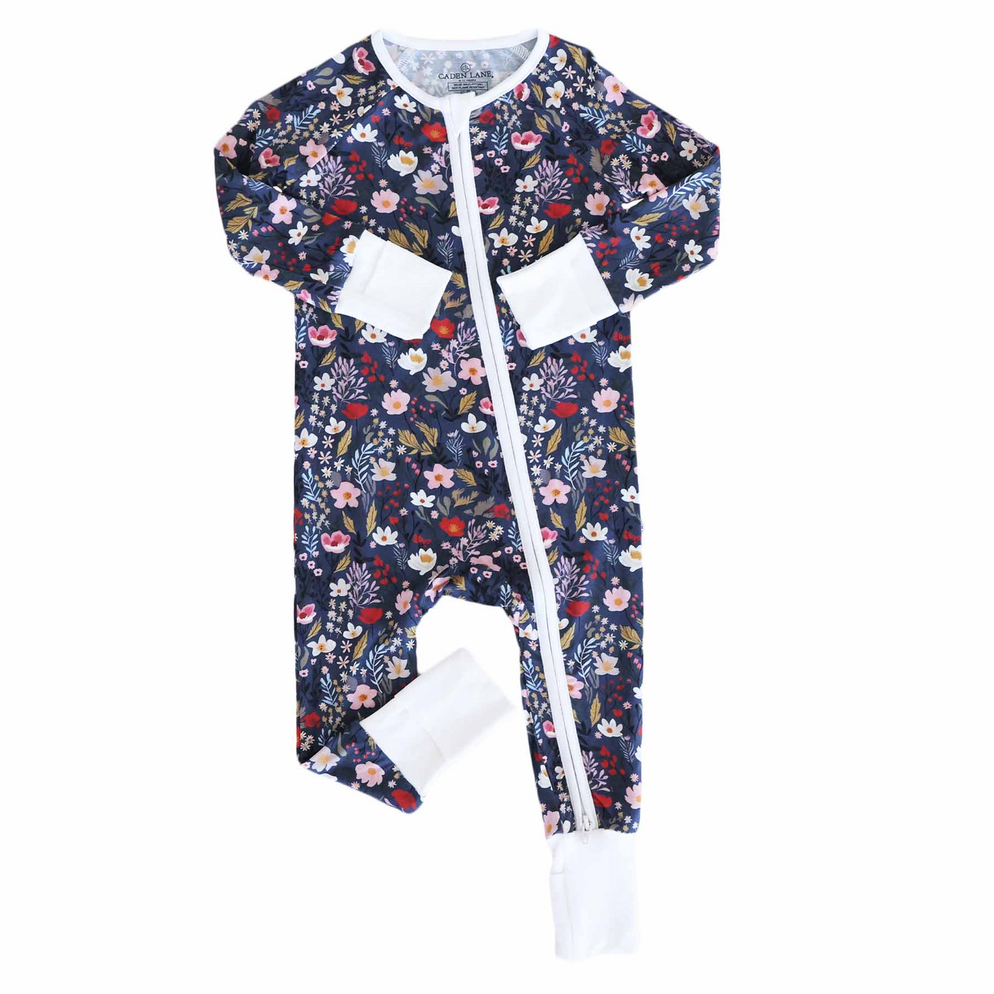 (Custom Design Preorder MOQ 20) Flowers Navy Print Baby Girls Fall Bamboo Sleeper Zipper Romper