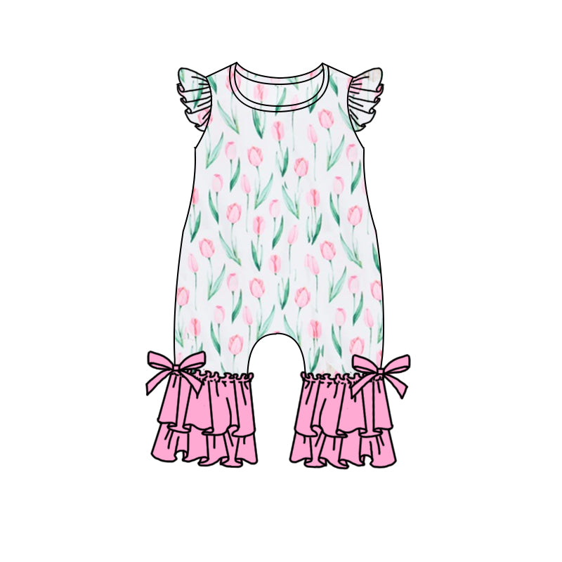 (Custom Design Preorder MOQ 5) Flowers Print Baby Girls Summer Flutter Sleeve Romper