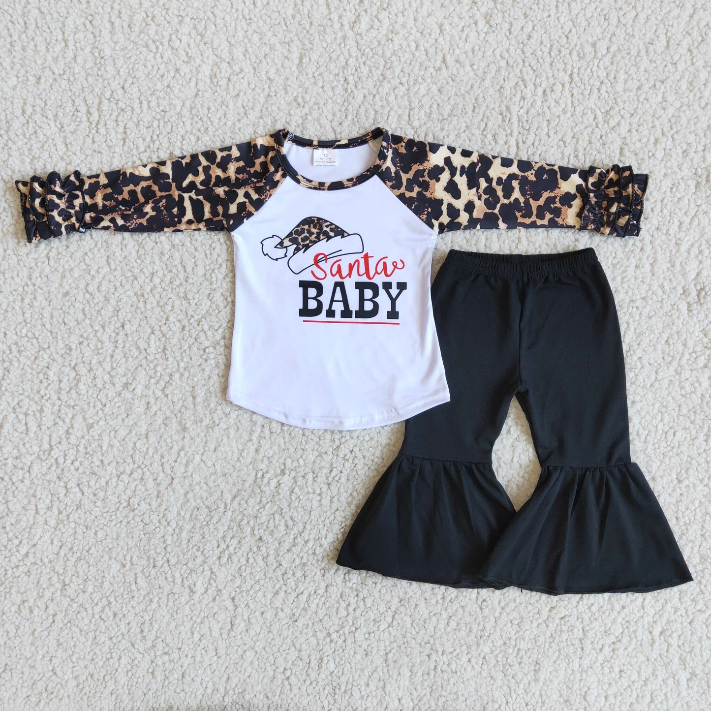 (Promotion) Santa Baby Leopard Top Black Bell Pants Girls Christmas Outfits 6 A17-30