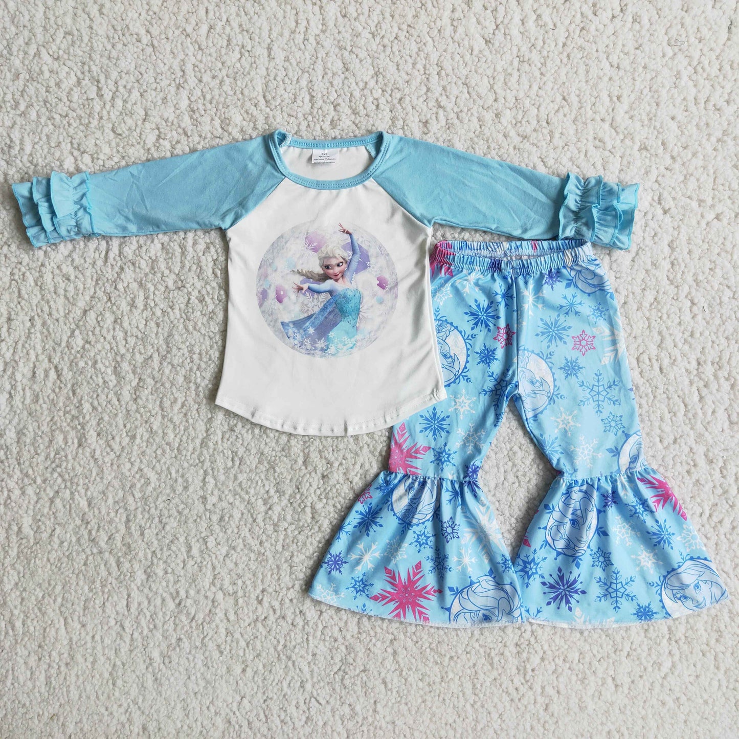 (Promotion)Cartoon Princess Blue Long Sleeve Bell Bottom Pants Girls Outfits 6 A26-28