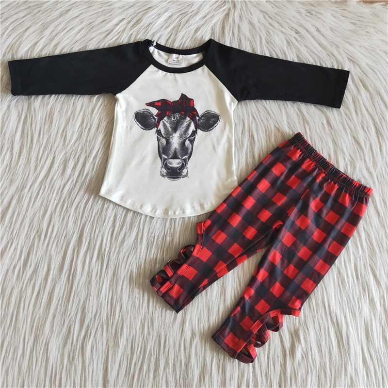 (Promotion) 6 B10-3 Heifer Top Red Plaid Legging Pants Girls Christmas Clothes Set