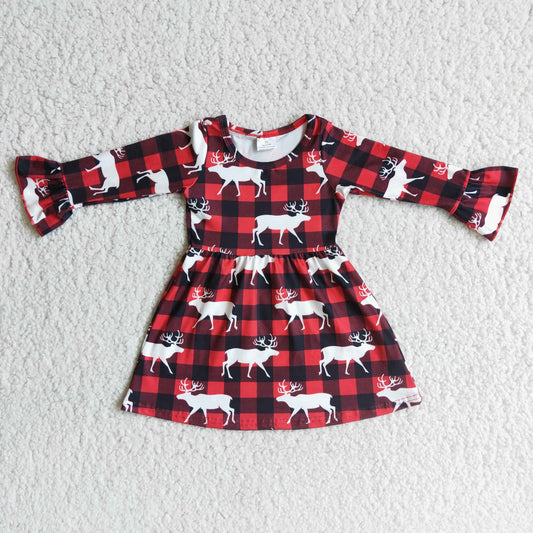 (Promotion) 6 B2-21 Red Plaid Deer Christmas Knee Length Dress