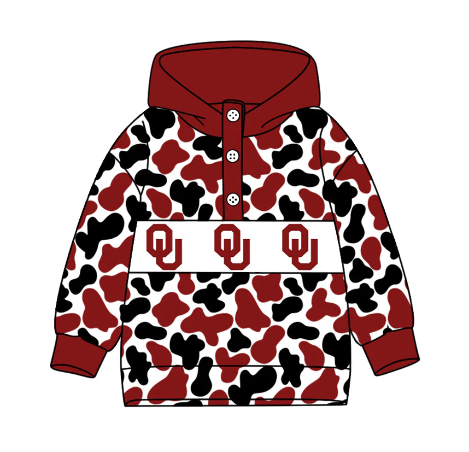 (Custom Design Preorder MOQ 5) Team's Oklahoma Camo Print Kids Long Sleeve Buttons Hoodie Top