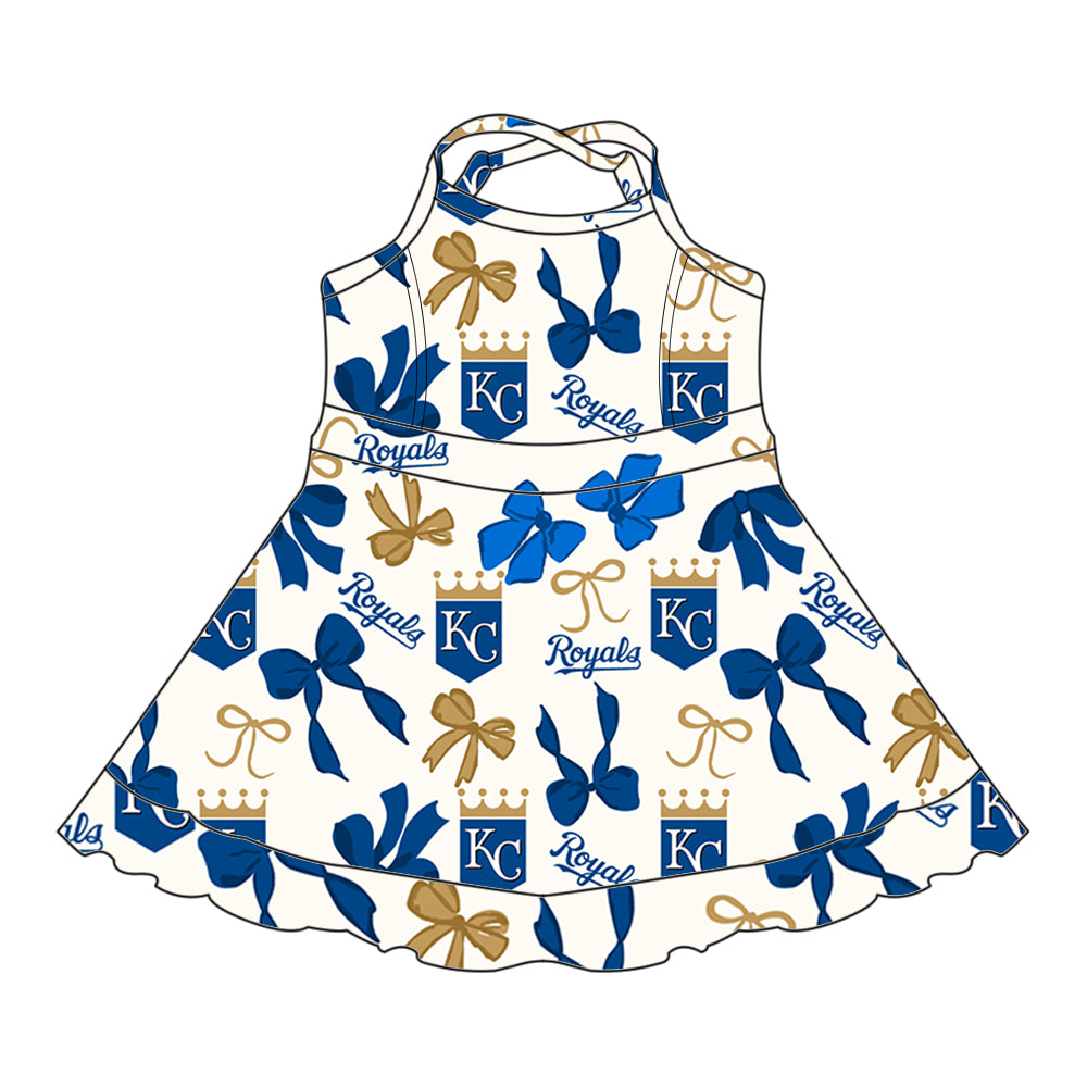 (Custom Design Preorder MOQ 5 Each Color) Team's ROYALS Bows Print Girls Summer Clothes Sisters Matching Wear