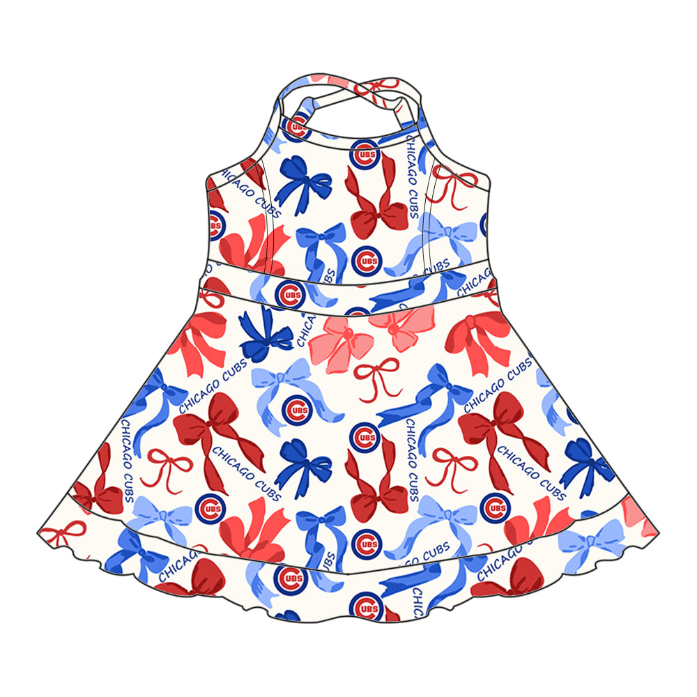 (Custom Design Preorder MOQ 5 Each Color) Team's CHICAGO CUBS Bows Print Girls Summer Clothes Sisters Matching Wear