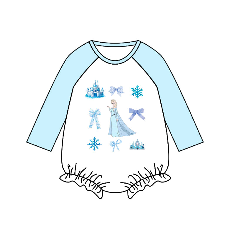 (Custom Design Preorder MOQ 5) Cartoon Princess Blue Print Baby Girls Romper