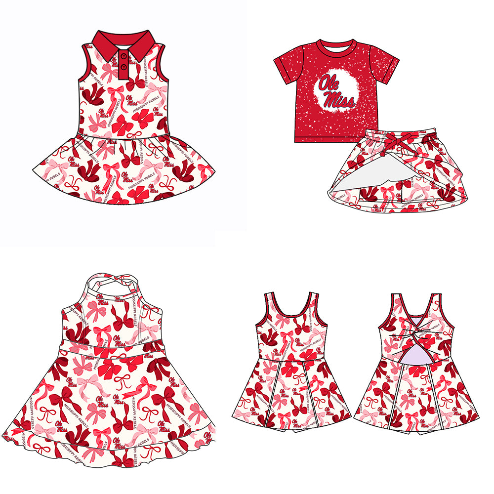 (Custom Design Preorder MOQ 5 Each Color) Team's OLE MISS Bows Print Girls Summer Clothes Sisters Matching Wear
