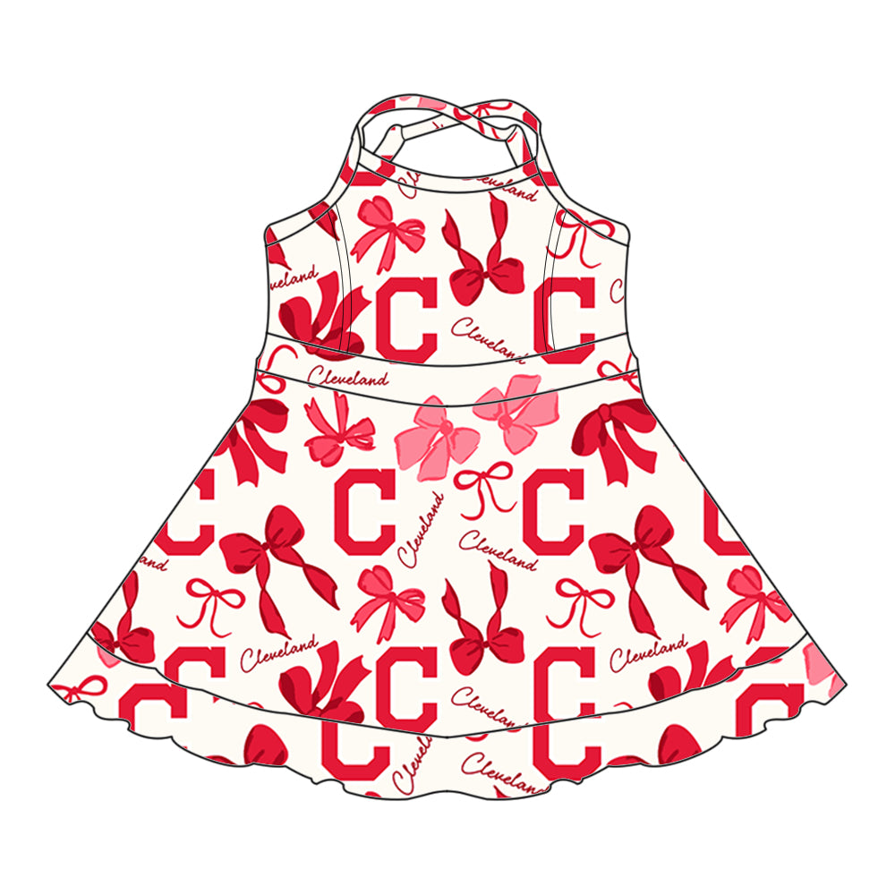 (Custom Design Preorder MOQ 5 Each Color) Team's CLEVELAND Bows Print Girls Summer Clothes Sisters Matching Wear