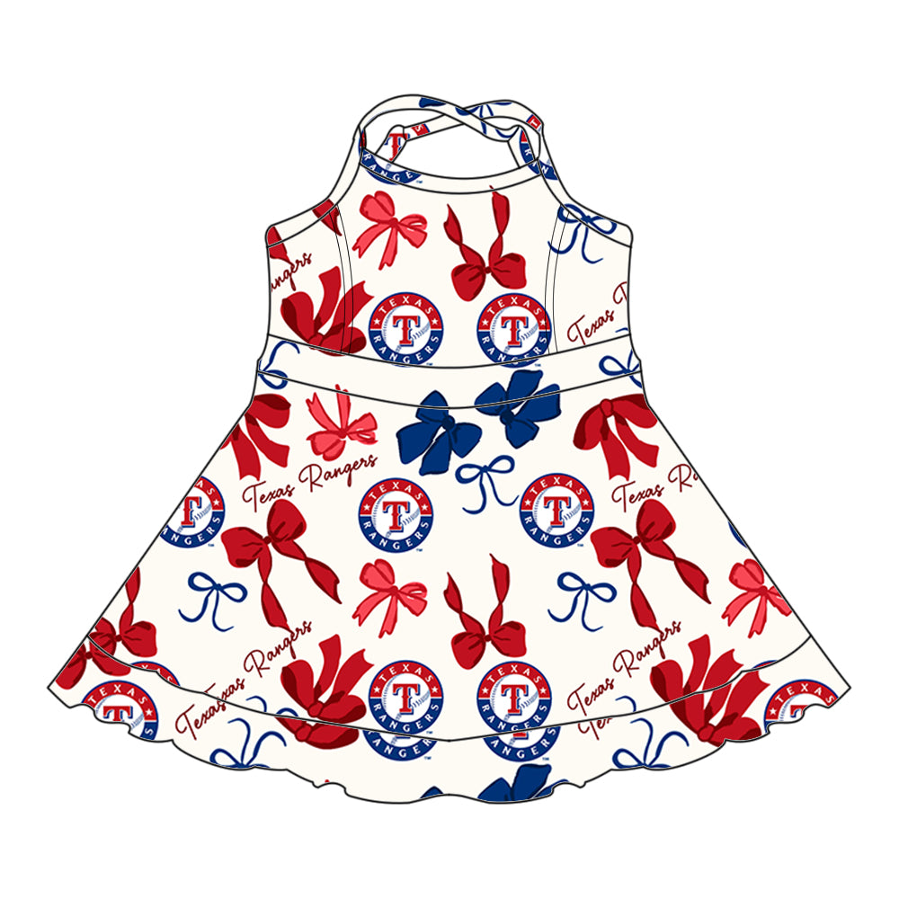 (Custom Design Preorder MOQ 5 Each Color) Team's TEXAS RANGERS Bows Print Girls Summer Clothes Sisters Matching Wear
