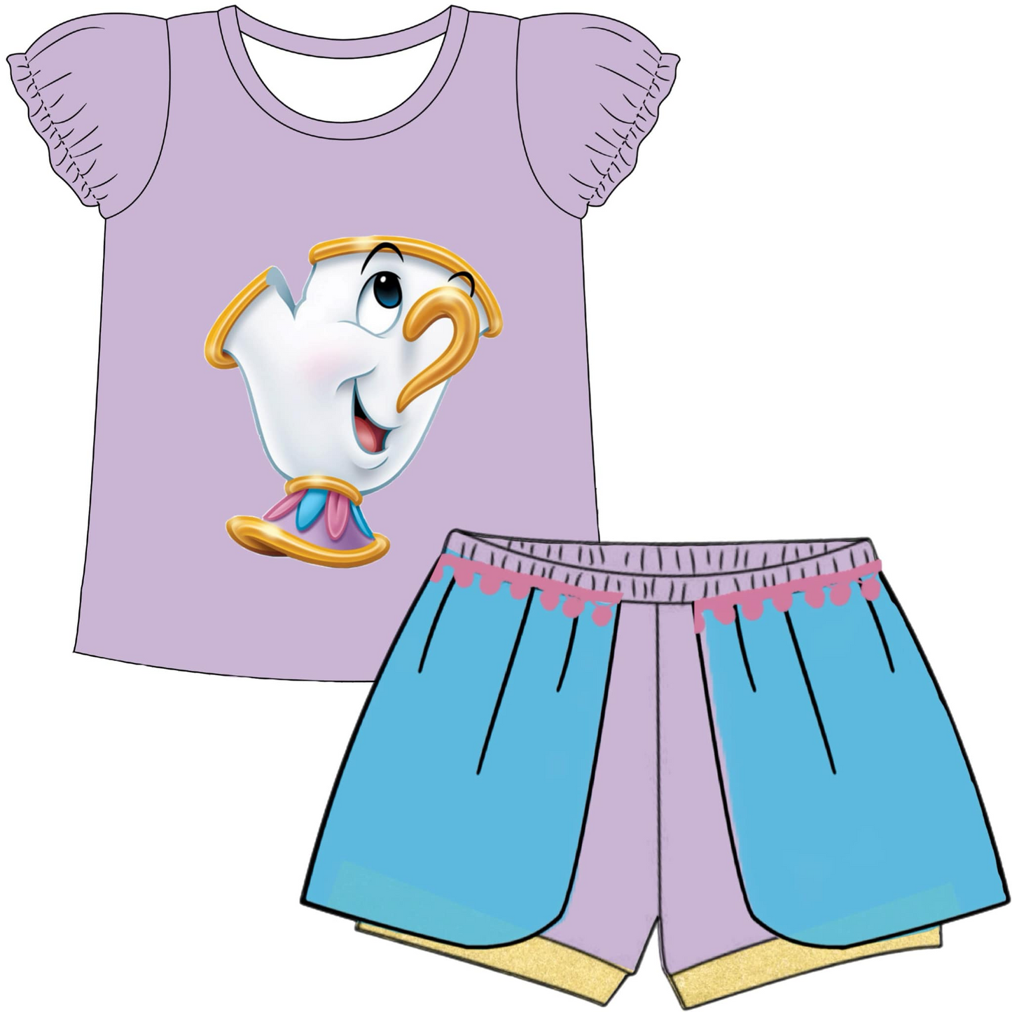 (Custom Design Preorder MOQ 5) Cartoon Cup Print Girls Summer Clothes Set