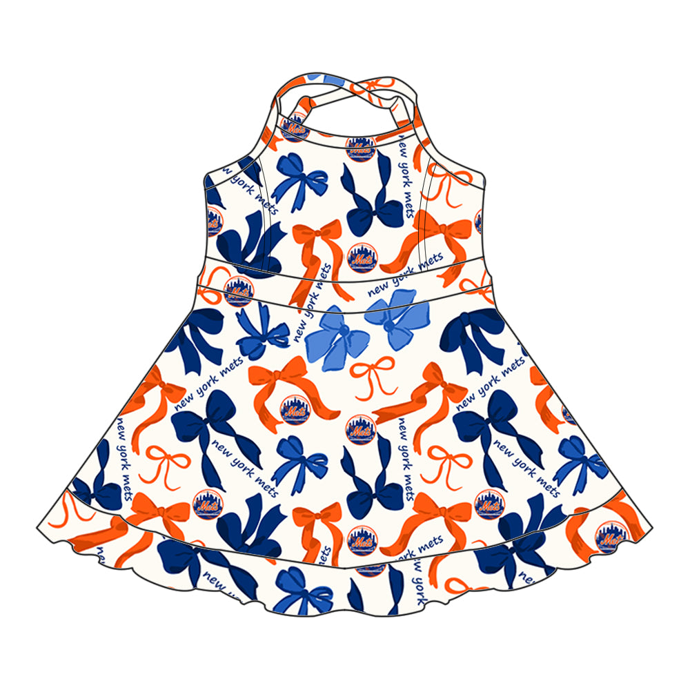 (Custom Design Preorder MOQ 5 Each Color) Team's NEW YORK METS Bows Print Girls Summer Clothes Sisters Matching Wear