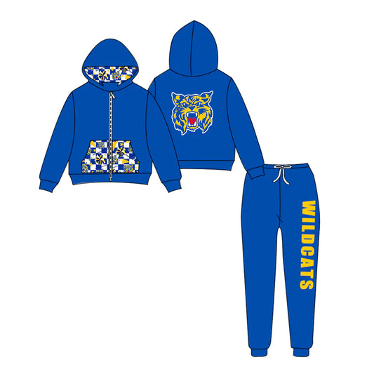 (Custom Design Preorder MOQ 5) Team's WILDCATS Zipper Hoodie Top Blue Pants Kids Fall Clothes Set