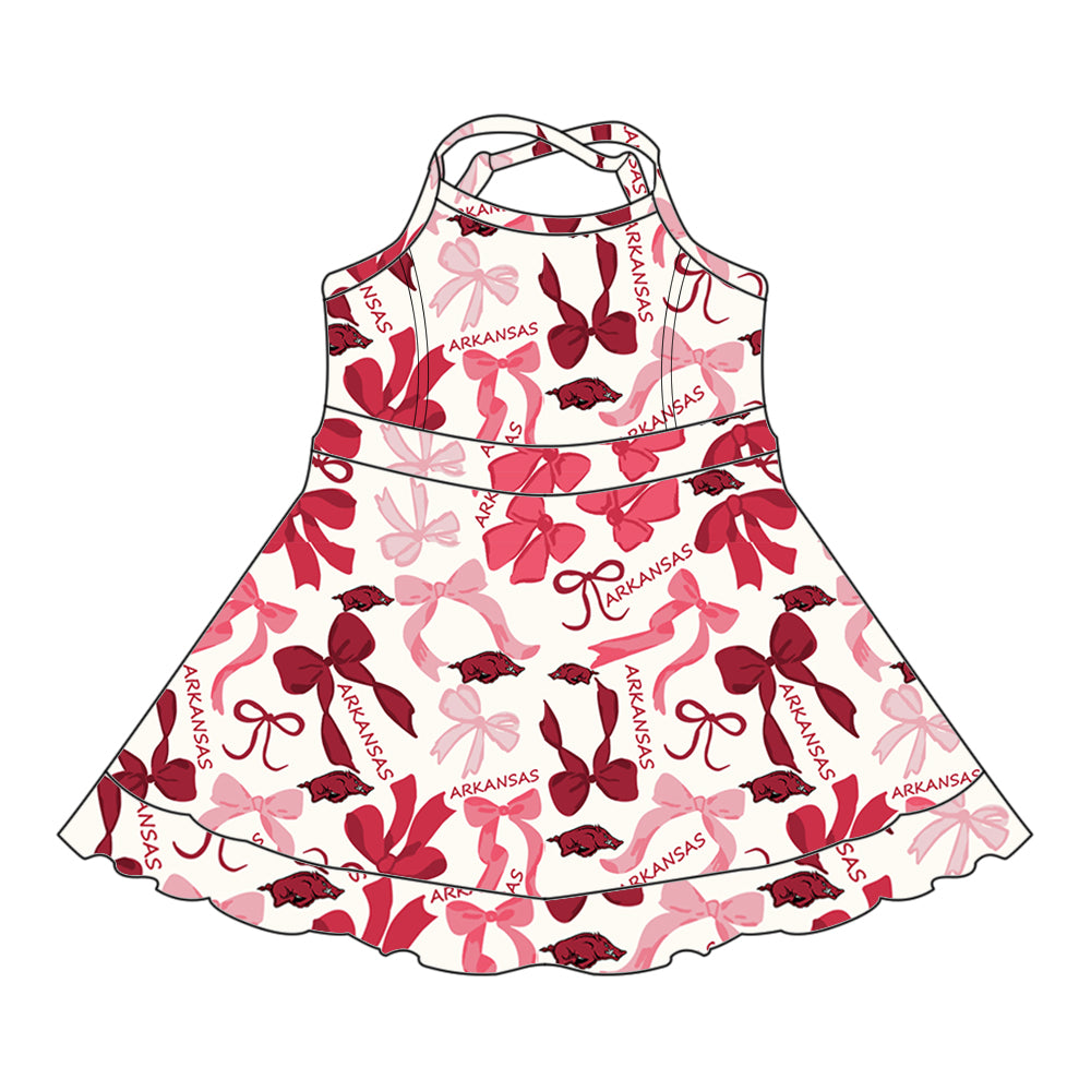 (Custom Design Preorder MOQ 5 Each Color) Team's ARKANSAS Bows Print Girls Summer Clothes Sisters Matching Wear