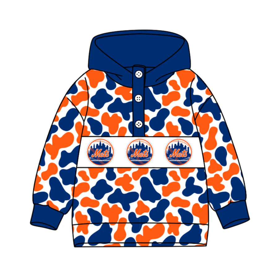(Custom Design Preorder MOQ 5) Team's New York Mets Camo Print Kids Long Sleeve Buttons Hoodie Top
