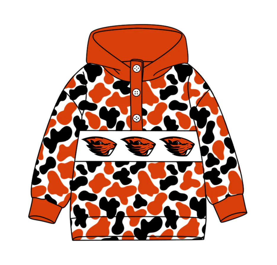 (Custom Design Preorder MOQ 5) Team's Beavers Camo Print Kids Long Sleeve Buttons Hoodie Top