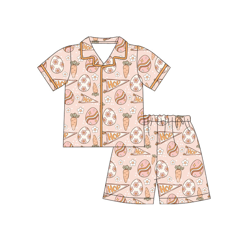 12.10 (Custom Design Preorder MOQ 5) HOP Flowers Eggs Print Girls Easter Buttons Pajamas Clothes Set