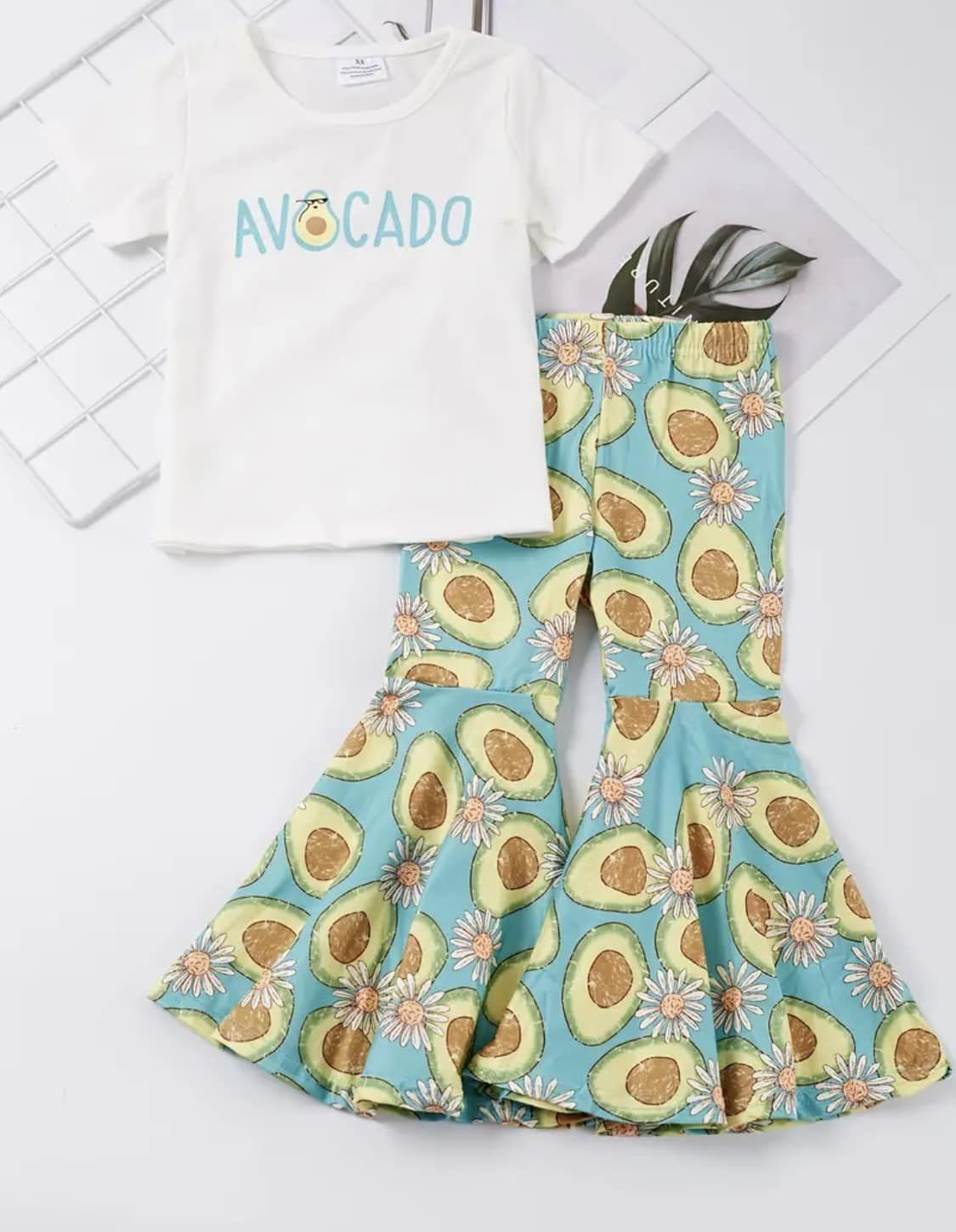 (Custom Design Preorder MOQ 5) Avocado Flowers Print Bell Pants Girls Clothes Set