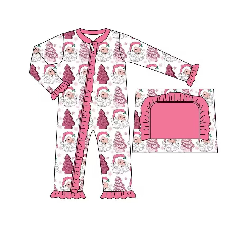 (Custom Design Preorder MOQ 5) Santa Debbie Cake Print Baby Girls Christmas Sleeper Zipper Romper