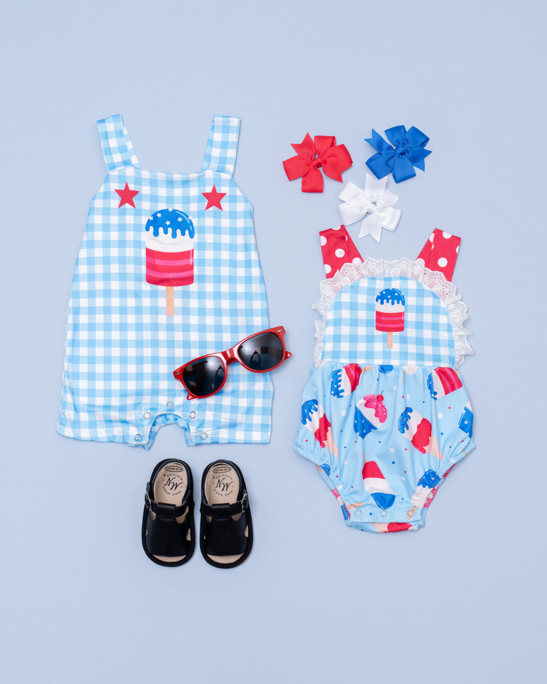 (Custom Design Preorder MOQ 5) Popsicle Blue Plaid Print Baby 4th of July Romper Sibling Wear