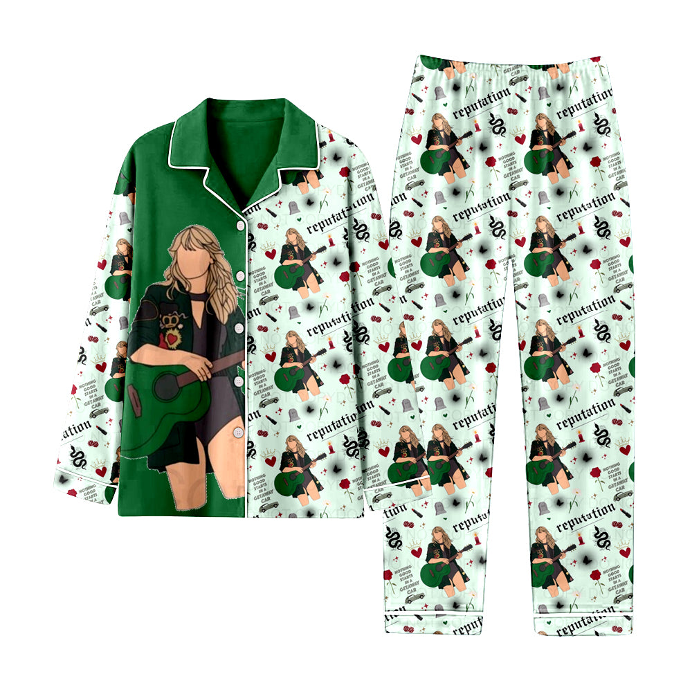 12.12(Custom Design Preorder MOQ 5) Singer Swiftie Green Print Girls Buttons Pajamas Clothes Set