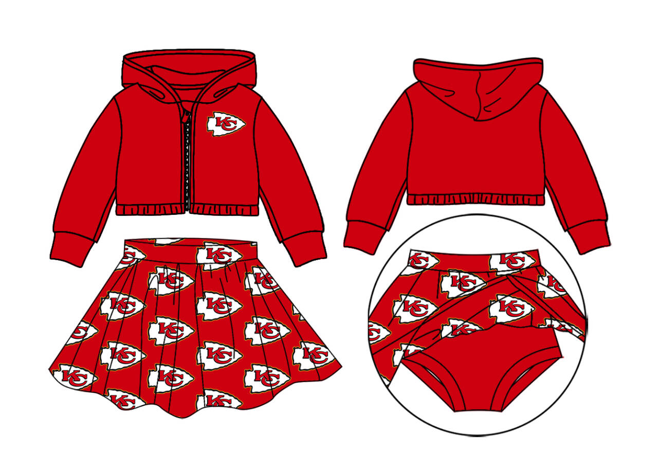 (Custom Design Preorder MOQ 5) Team's KC Chiefs Red Jacket Zipper Hoodie Top Shorts Skirts Girls Clothes Set