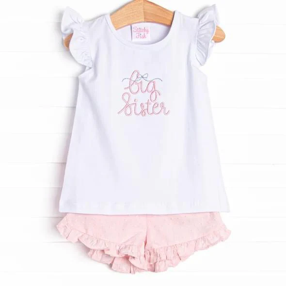 (Custom Design Preorder MOQ 5) Big Sister Top Pink Shorts Girls Summer Clothes Set