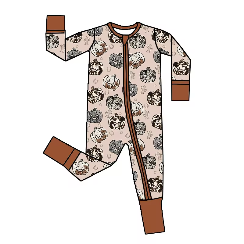 (Custom Design Preorder MOQ 5) Pumpkin Cactus Print Baby Zipper Sleeper Western Romper