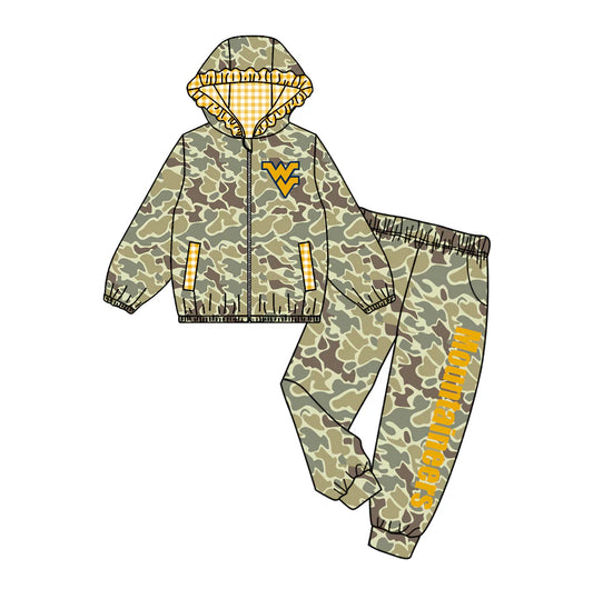 (Custom Design Preorder MOQ 5) Team's MOUNTAINEERS Camo Print Hoodie Zipper Top Pockets Pants Girls Fall Clothes Set