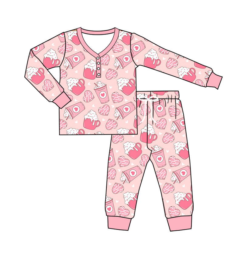(Pre-order)GLP2284 Adult Coffee Cake Heart Print Woman Valentine's Day Pajamas Clothes Set
