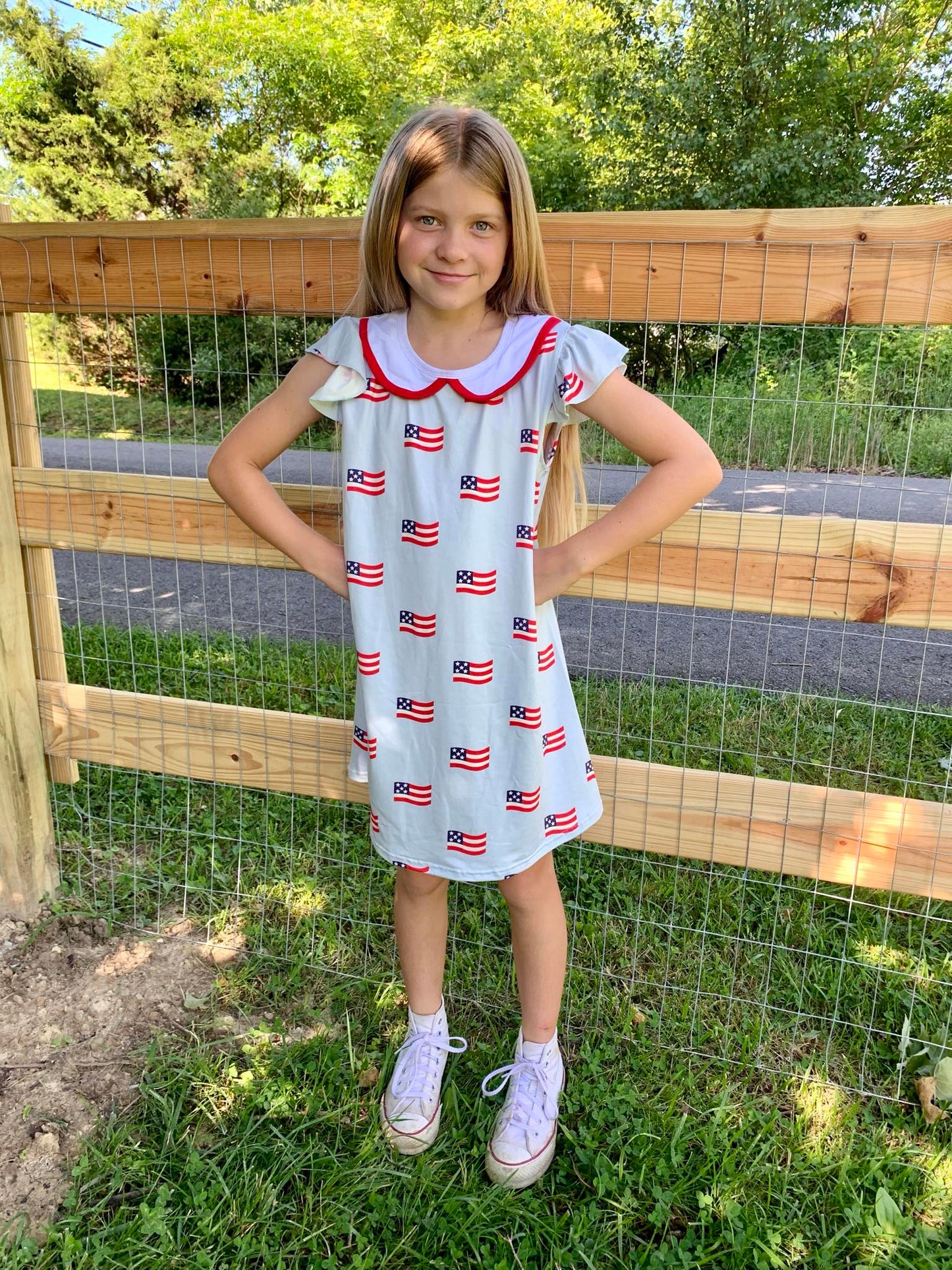 GSD0871 Flags Print Girls 4th of July Knee Length Dress