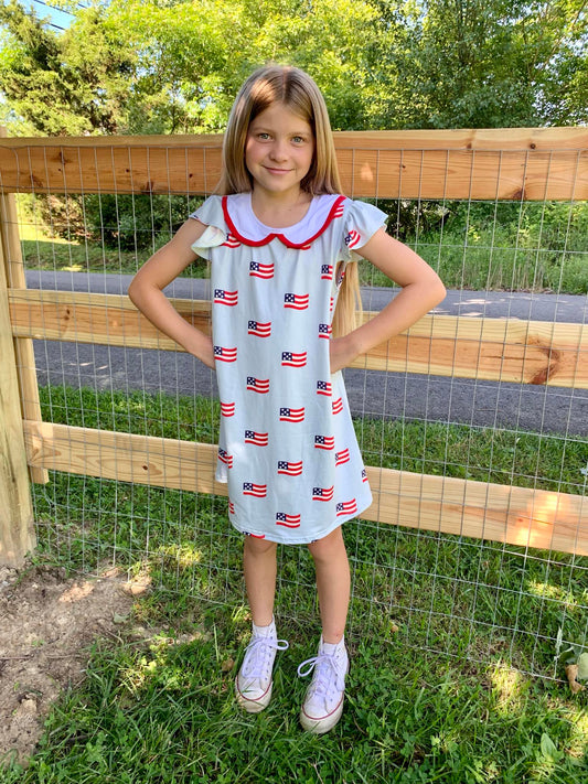 GSD0871 Flags Print Girls 4th of July Knee Length Dress