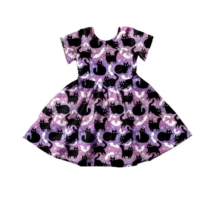 (Custom Design Preorder MOQ 5) Black Cat Print Girls Knee Length Halloween Dress