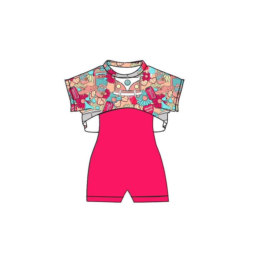 (Custom Design Preorder MOQ 5) Flowers Bus Top Hot Pink Jumpsuits Girls Summer Clothes Set