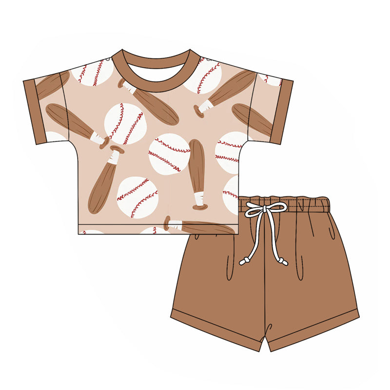 2.24(Custom Design Preorder MOQ 5) Baseball Top Brown Shorts Boys Summer Clothes Set