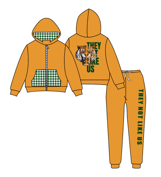 (Custom Design Preorder MOQ 5) Team's Tigers Zipper Hoodie Top Gold Pants Kids Fall Clothes Set