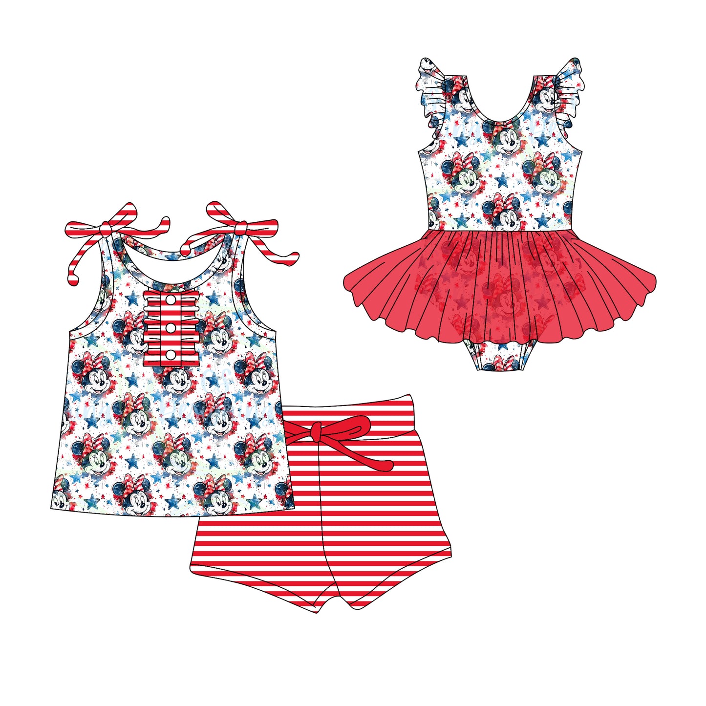 3.10(Custom Design Preorder MOQ 5 Each Design) Cartoon Mouse Stars Print Girls July 4th Matching Clothes Sisters Wear